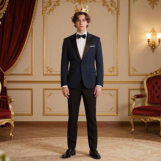 Photograph of a young man with curly brown hair, wearing a black tuxedo, black bow tie, and gold crown, standing in an op