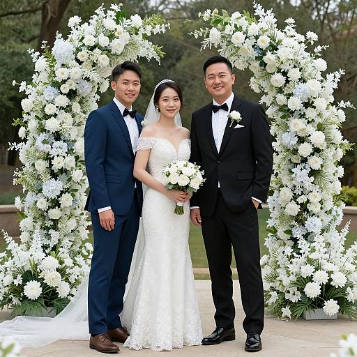 Photograph of an Asian couple in wedding attire, standing in front of a white floral arch, holding bouquets, with two male groomsmen.