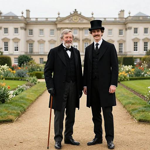 Two Men in Victorian Attire in Ornate Garden