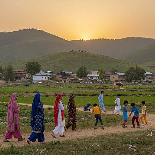 Photograph of seven women in colorful traditional dresses, walking with six children in bright clothes, in front of a rural village and green hills during a sunset