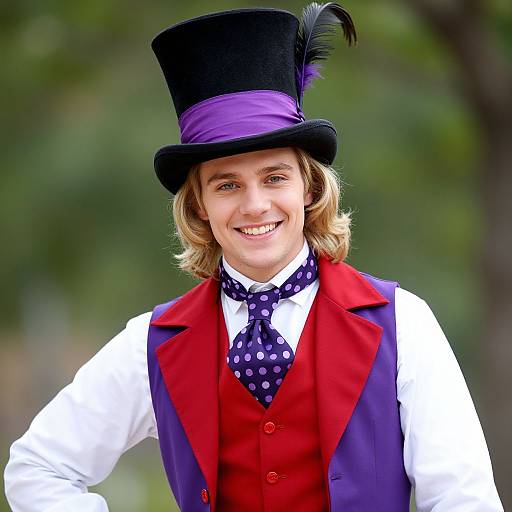 Photograph of a smiling young boy with blonde hair, wearing a black top hat with a purple band and feather, red vest, white shirt, and