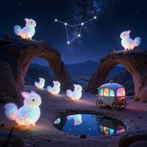 Digital artwork: Glowing, fluffy creatures surround a whimsical, illuminated caravan under a starry night sky, with constellations and arched rock