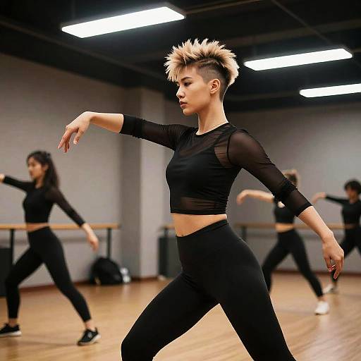 Female dancer with faux hawk fade hairstyle practicing in studio