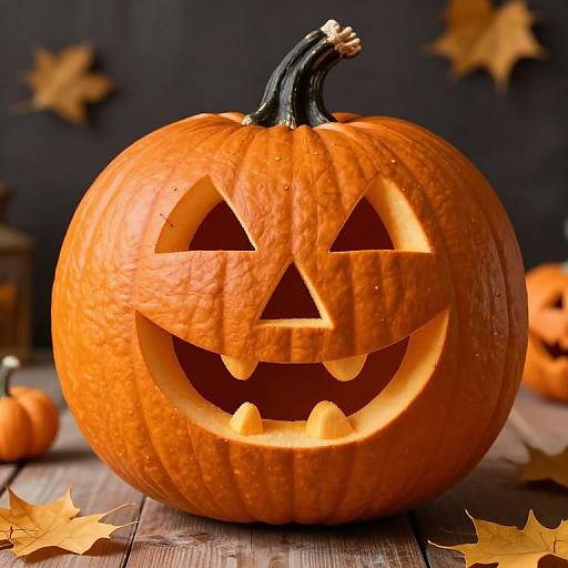 Photograph of a carved, orange pumpkin with a menacing, triangular-eyed, toothy grin, set on a wooden table with autumn leaves and star decorations
