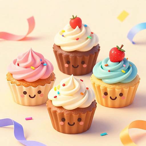 Photograph of four cute, cartoon-styled cupcakes with whipped frosting in pink, white, blue, and red, topped with strawberries and colorful sprinkles