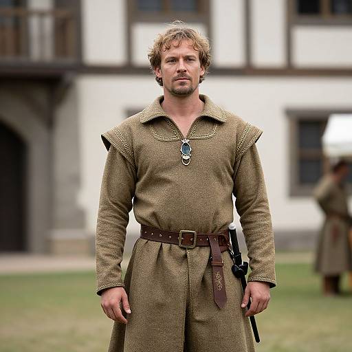 Photograph of a muscular, bearded man with curly brown hair, wearing a medieval-style brown tunic and belt, standing in front of a white