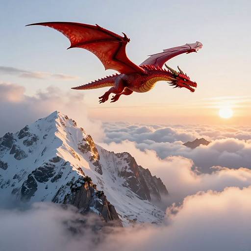 Red Dragon Soaring Over Snowy Mountains at Sunrise