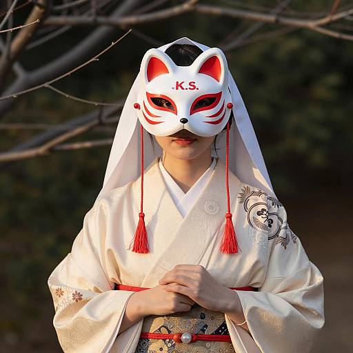 Elegant Woman in Fox Mask and Kimono