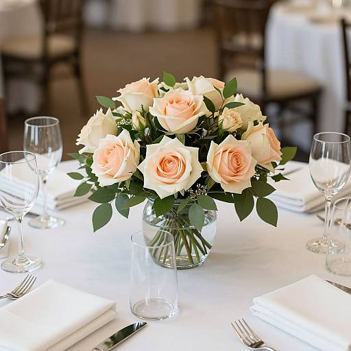 Photograph of a round table with a glass vase of peach and white roses, surrounded by clear glassware and white table settings in a softly lit,