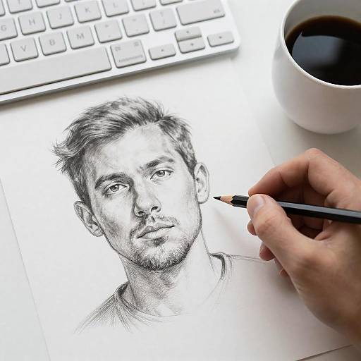 Hand Holding Pencil Sketch of Man