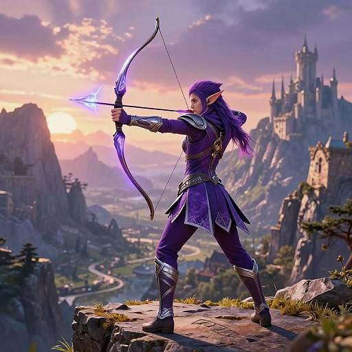 Epic fantasy artwork: Purple-haired elf archer with glowing bow, standing on rocky cliff, aiming at sunset-lit castle city landscape.