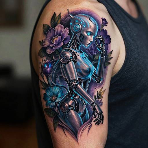 Surreal Robotic Floral Tattoo Design