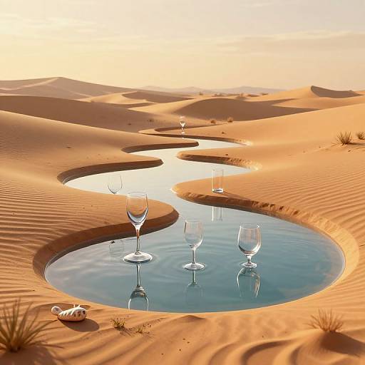Photograph of a desert oasis with a winding blue waterhole reflecting three empty wine glasses, surrounded by golden sand dunes and a small seashell
