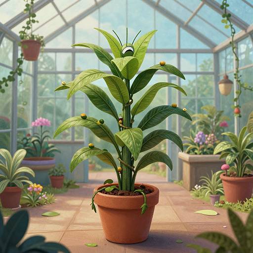 Photograph of a lush greenhouse with a central green plant in a terracotta pot, surrounded by various potted plants, hanging baskets, and bright