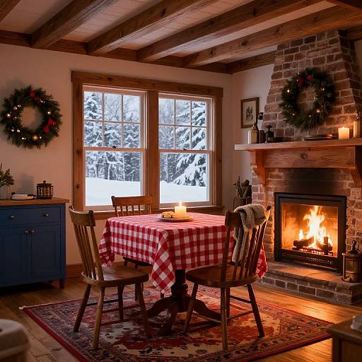 Cozy winter dining room with wooden ceiling beams, brick fireplace, red checkered tablecloth, candles, wreaths, and snowy window view.