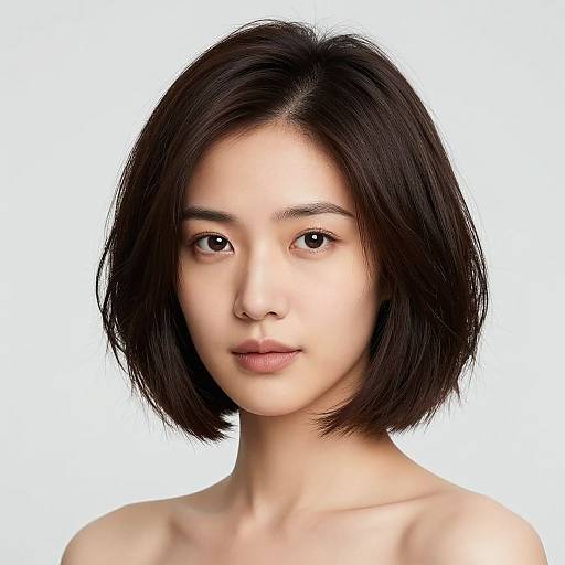 Photorealistic digital portrait of an East Asian woman with straight black bob haircut, fair skin, and neutral expression, against a white background.