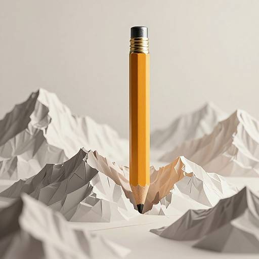 Surreal Mountain Landscape with Towering Pencil