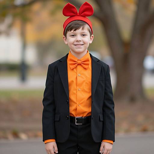 Photograph of a young boy with fair skin, brown hair, and a red bow, wearing an orange bowtie, black suit, and standing outdoors