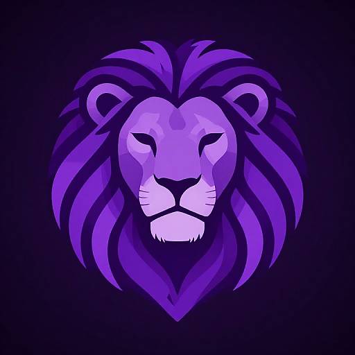 Digital illustration of a stylized purple lion's head with bold, flowing mane and white facial features against a dark blue background.