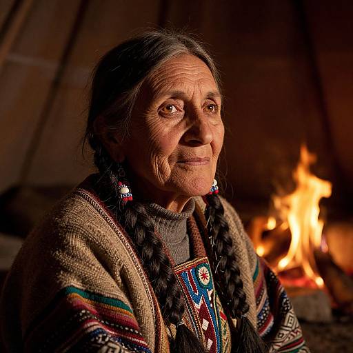 Photograph of an elderly Native American woman with braided hair, wearing traditional colorful clothing, illuminated by a warm firelight.