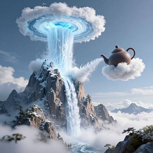Digital artwork of a mystical mountain with a glowing blue waterfall, teapot floating in clouds, and pine trees below.