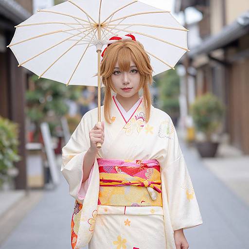 Photograph of a young woman in a white floral kimono, holding a white umbrella, standing on a narrow, blurred Japanese street.