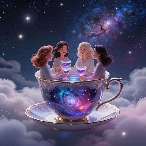 Digital illustration of four women with varied hair colors, sitting in a glowing, starry teacup floating among clouds in a cosmic night sky, sharing
