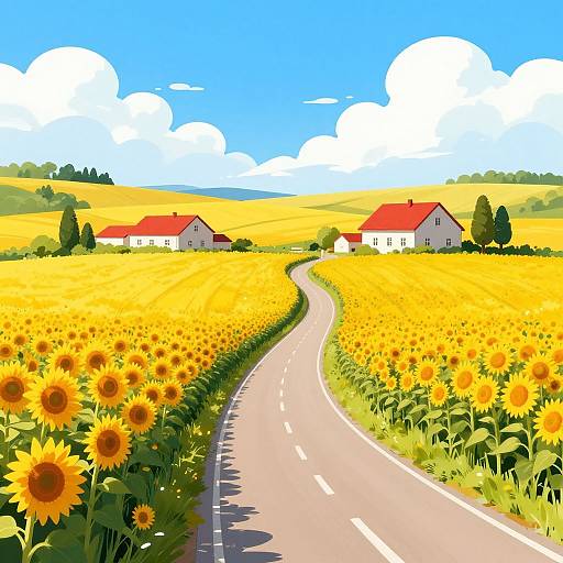Winding Country Road Through Sunflowers