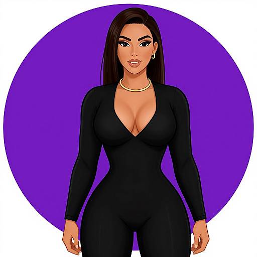 Digital illustration of a curvy woman with long dark hair, large breasts, and tan skin, wearing a black deep V-neck jumpsuit, gold necklace
