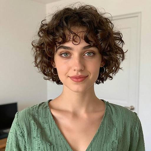Young woman with curly hair and green eyes