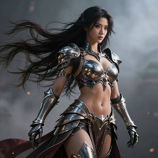 Digital artwork of an Asian woman with long black hair, wearing shiny silver armor with a revealing top, midriff, and thigh-high armor, against