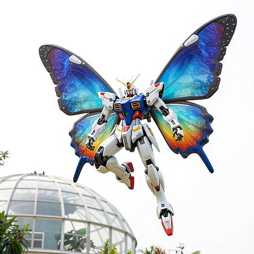 Digital illustration of a futuristic mecha with blue and orange butterfly wings, white and red body, flying against a white sky with a glass dome and plants
