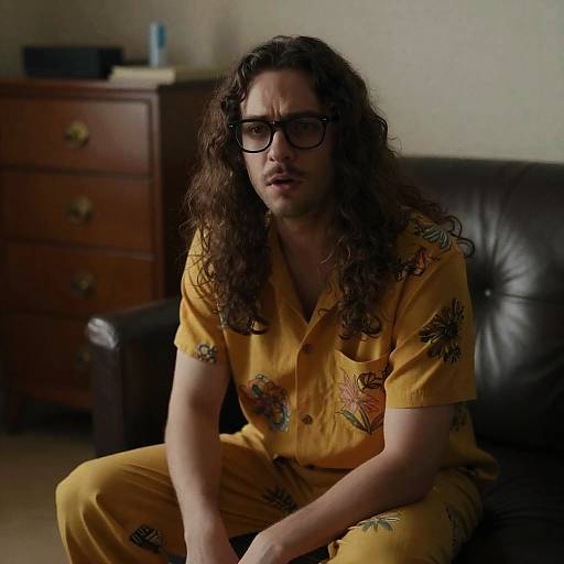 Photograph of a man with long curly brown hair, wearing black glasses and a yellow floral pajama set, sitting on a black leather couch in a