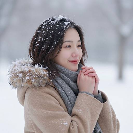 Photograph of an Asian woman with fair skin, black shoulder-length hair, smiling softly, wearing a beige coat with fur collar, gray scarf, and
