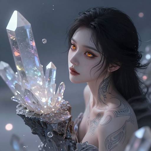 Digital artwork of a pale-skinned, dark-haired woman with glowing orange eyes, holding a glowing crystal cluster. She has intricate tattoos on her shoulders and
