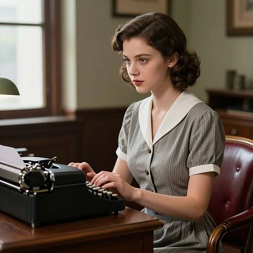Vintage photograph of a fair-skinned, dark-haired woman in a 1940s-style gray dress with white collar, typing on an old-fashioned typ