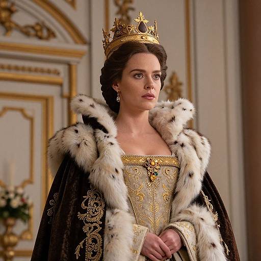 Photograph of a regal woman with brown hair, wearing a gold crown, black fur-trimmed robe, and ornate gold-embroid