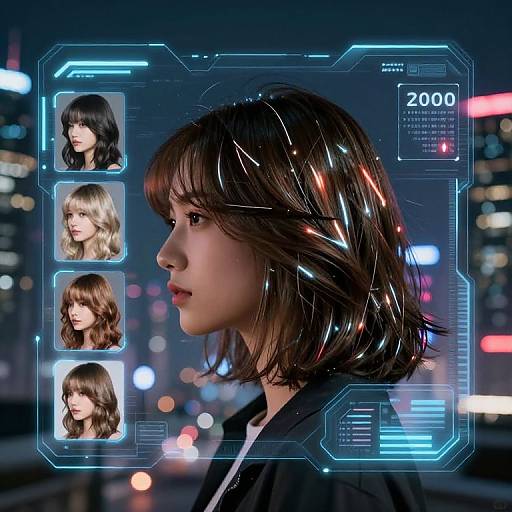 Digital artwork of a young Asian woman with shiny black hair, profile view, in a futuristic cityscape. Overlay shows four images of her, labeled 