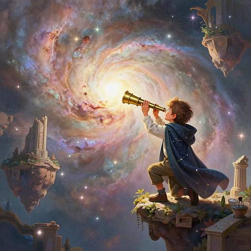 Fantasy illustration of a boy in a blue cloak, crouching on a cliff, looking through a telescope at a glowing, colorful galaxy with floating