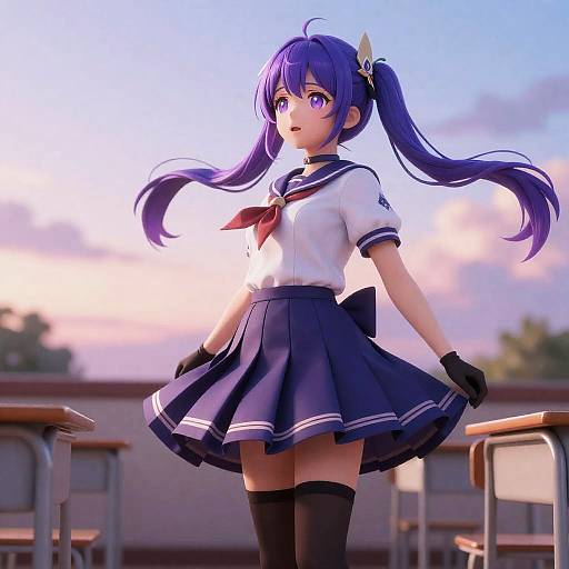 Anime Girl in School Uniform with Purple Hair