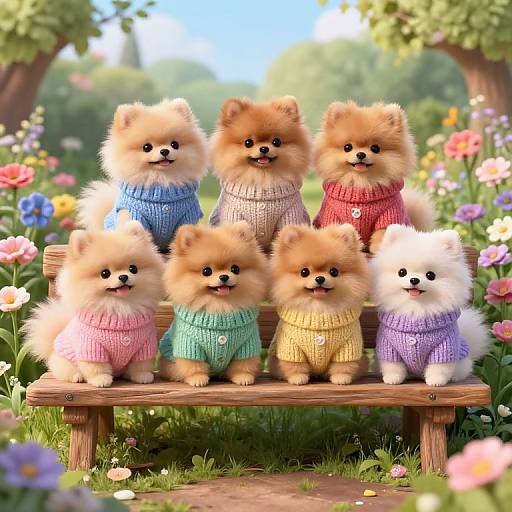 Photorealistic CGI of six fluffy Pomeranians in colorful knit sweaters, sitting on a wooden bench in a vibrant, flower-filled garden.