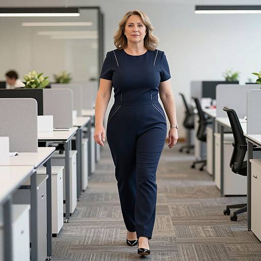 Photograph of a confident, middle-aged woman with shoulder-length blonde hair, wearing a black, short-sleeve, form-fitting jumpsuit and