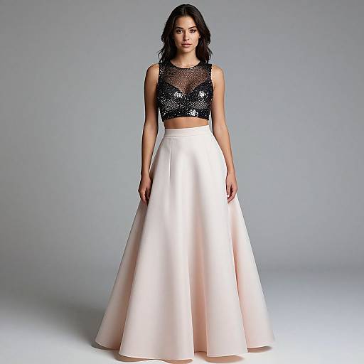 Photograph of a woman with long dark hair, wearing a black sequin crop top and a white, high-waisted, A-line skirt,