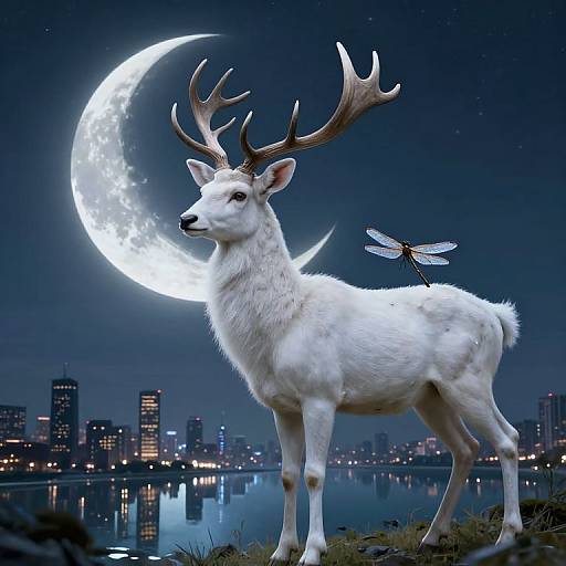 Digital art: White deer with large antlers, dragonfly on back, stands under glowing crescent moon, cityscape and river in background.