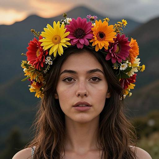 Photograph of a young woman with fair skin, brown hair, and neutral expression, wearing a vibrant flower crown against a mountainous sunset background.