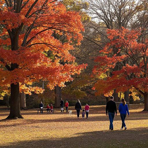Photograph of a sunny autumn park with vibrant orange and red leaves, people walking, children playing, and trees casting shadows.
