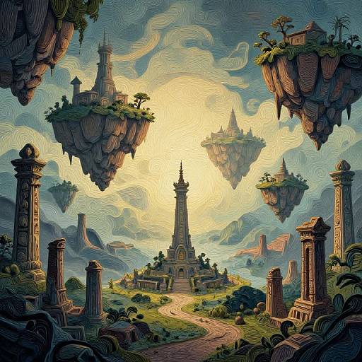 Fantastical digital painting of a sunlit floating island city, surrounded by towering stone columns, floating islands, and swirling clouds.