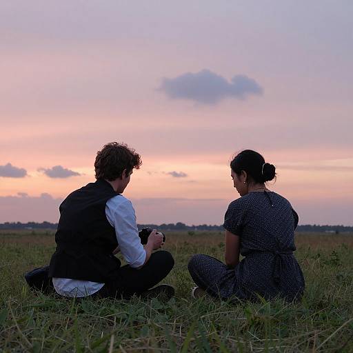 Couple Sitting in Field at Sunset