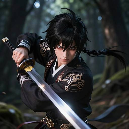 Digital art of a serious, black-haired samurai with a braid, wielding a glowing sword in a dark, mystical forest.