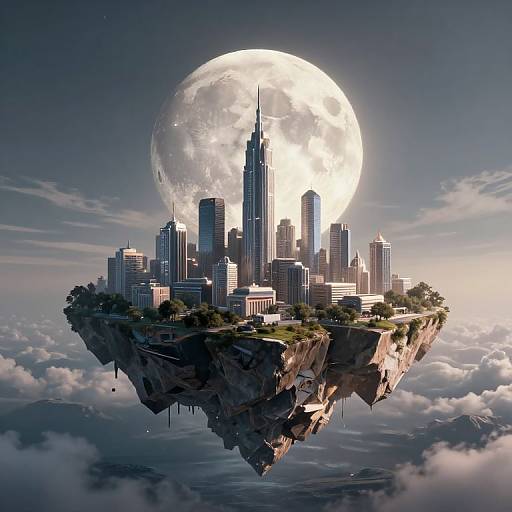 Photorealistic CGI of a floating city with skyscrapers beneath a large, glowing full moon, surrounded by clouds and sky.